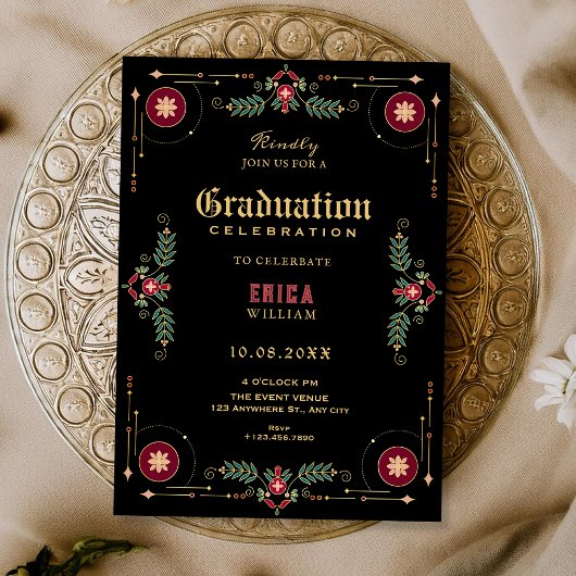 Black classic floral graduation kaart