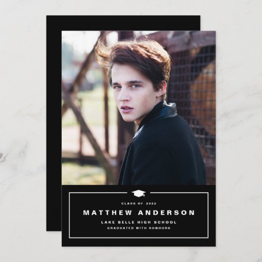 Black Classic Graduation Cap Photo Afstuderen Aankondiging (Voorkant / Achterkant)