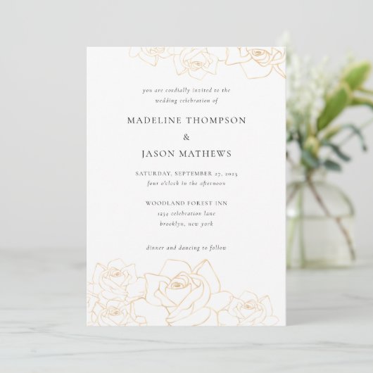 Black Classic Minimalist Gold Floral Roos Wedding Kaart (Staand voorkant)