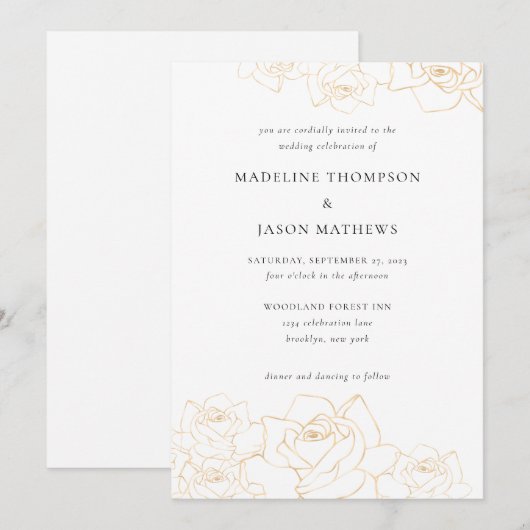 Black Classic Minimalist Gold Floral Roos Wedding Kaart (Voorkant / Achterkant)