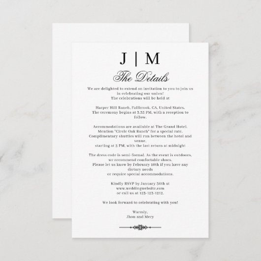 Black & Classic Monogram Wedding Reception Informatiekaartje (Voorkant / Achterkant)