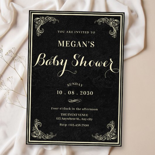 Black classic vintage elegant baby shower  kaart