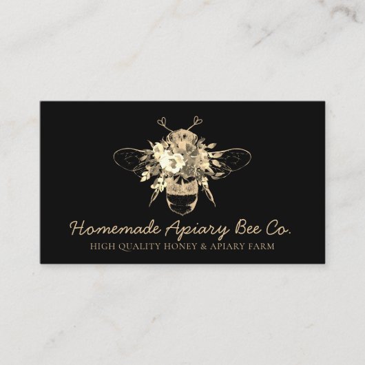 Black Classy Heart Gold Floral Apiary Honey Bee Visitekaartje (Voorkant)
