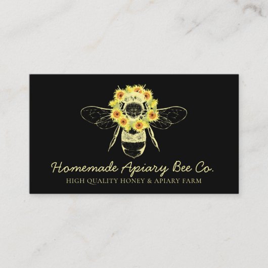 Black Classy Sunflower Floral Apiary Honey Bee Visitekaartje (Voorkant)