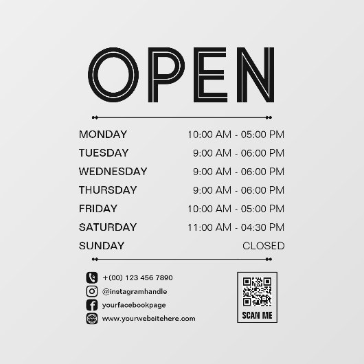 Black Clean Praktische Openingstijden QR Code Raamsticker (Vel)