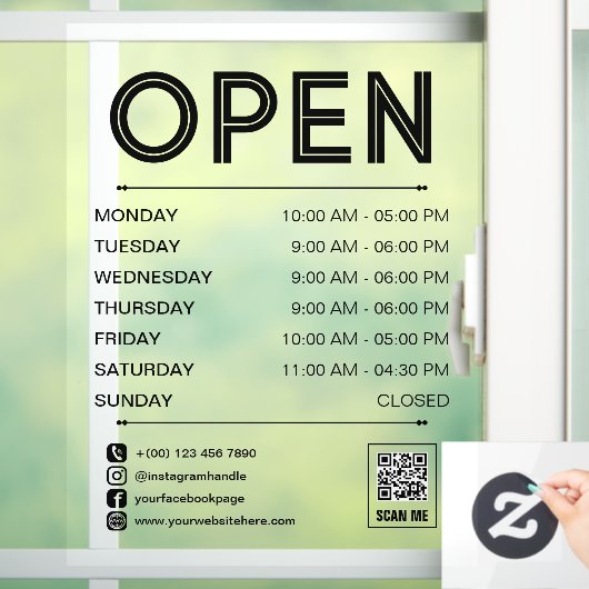 Black Clean Praktische Openingstijden QR Code Raamsticker (Huis)