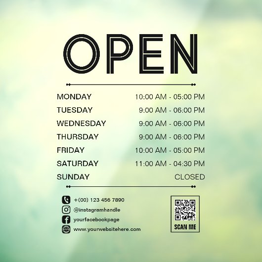 Black Clean Praktische Openingstijden QR Code Raamsticker (Vel 3)