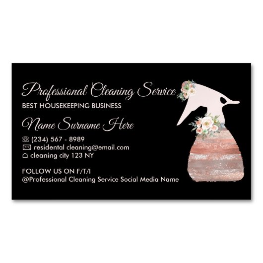 Black Cleaning Service Spray Flower glamour Magnetisch Visitekaartje (Voorkant)