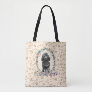 Black Cockapoo Dog Paw Print & Dog Bone Cute Tote Bag