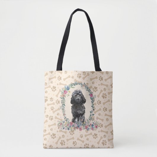 Black Cockapoo Dog Paw Print & Dog Bone Cute Tote Bag (Voorkant)