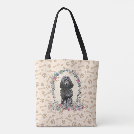 Black Cockapoo Dog Paw Print & Dog Bone Cute Tote Bag (Achterkant)