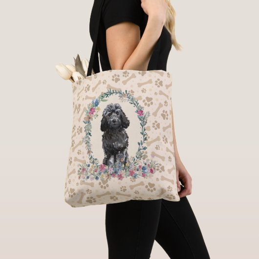 Black Cockapoo Dog Paw Print & Dog Bone Cute Tote Bag (Dichtbij)