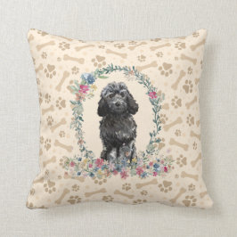 Black Cockapoo Dog Paw Print & Floral Cute Kussen