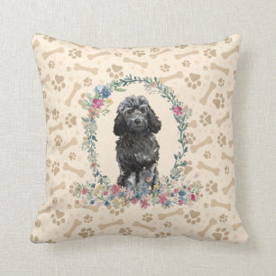 Black Cockapoo Dog Paw Print & Floral Cute Kussen