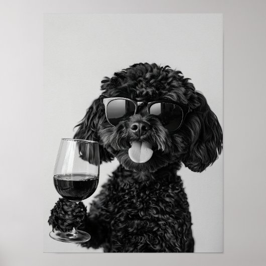 Black Cockapoo Drinking Wine Wall Art, Black and Poster (Voorkant)