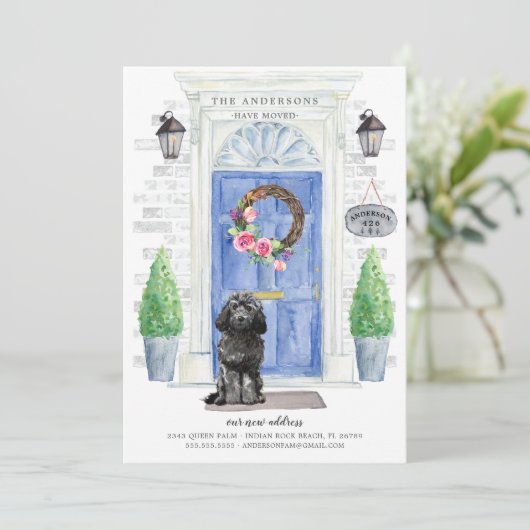 Black Cockapoo Voorste deurbewegende aankondiging (Staand voorkant)