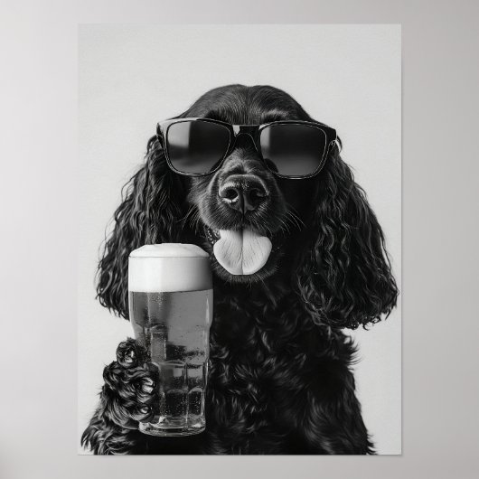 Black Cocker Spaniel Drinking Beer Wall Art, Black Poster (Voorkant)