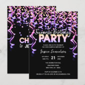 Black Color Streamers SURPRISE BIRTHDAY PARTY Kaart (Voorkant / Achterkant)