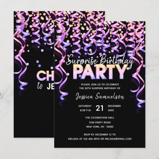 Black Color Streamers SURPRISE BIRTHDAY PARTY Kaart (Voorkant / Achterkant)