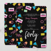 Black Colorful 80's Retro Birthday Party Kaart (Voorkant / Achterkant)