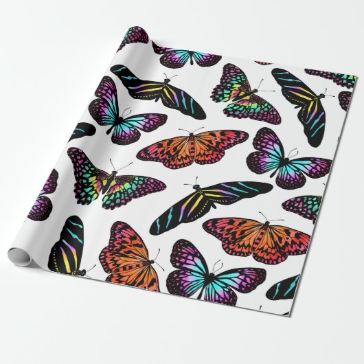 Black Colorful Butterflies Waterverf Patroon Cadeaupapier (Uitgerold)