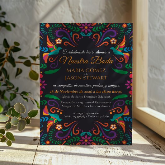 Black Colorful Floral Nuestra Boda Spanish Wedding Kaart