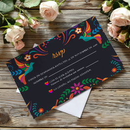 Black Colorful Floral Nuestra Boda Spanish Wedding RSVP Kaartje