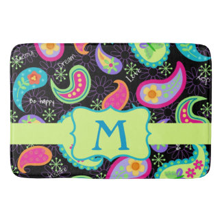 Black Colorful Monogram Modern Paisley Pattern Badmat