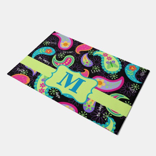 Black Colorful Monogram Modern Paisley Pattern Deurmat (Schuin)