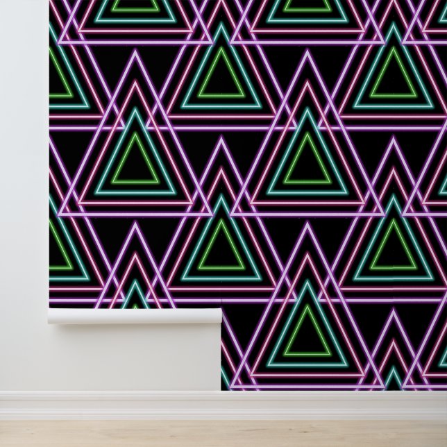 Black Colorful Retro 80's Neon Geometric Triangles Behang (Applicatie)