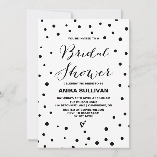 Black Confetti Stippen Bridal Shower Invitation Kaart (Voorkant)