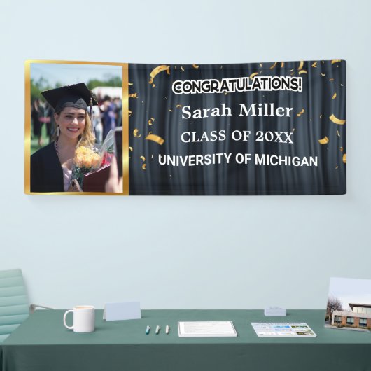 black congrats afstuderen 2025 met naam en foto spandoek (Beurs)