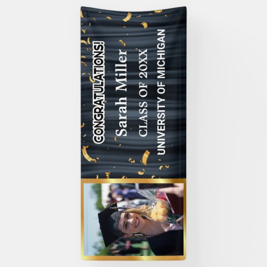 black congrats afstuderen 2025 met naam en foto spandoek (Verticaal)