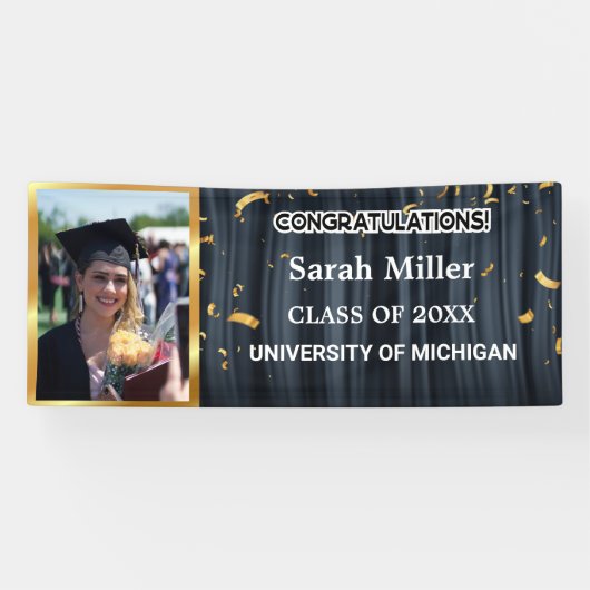 black congrats afstuderen 2025 met naam en foto spandoek (Horizontaal)