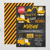 Black Construction Vehicles Verjaardag uitnodiging (Voorkant / Achterkant)