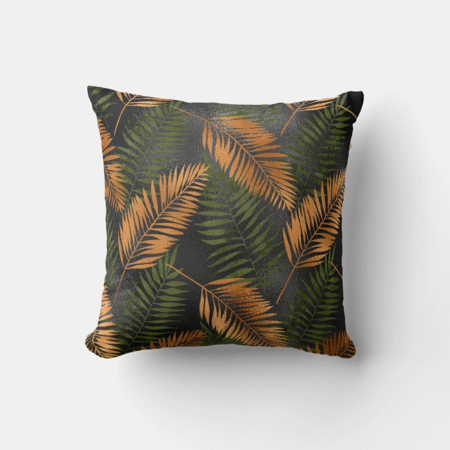 Black Copper Brown Palm Tree Leaf Glam Tropical Kussen (Voorkant)