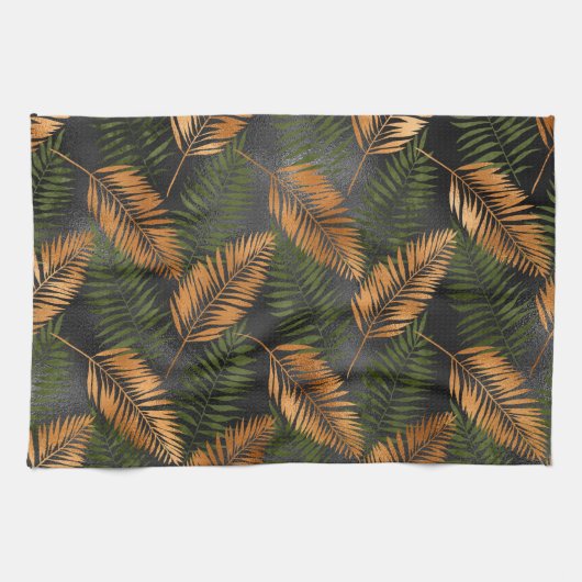 Black Copper Brown Palm Tree Leaf Glam Tropical Theedoek (Horizontaal)