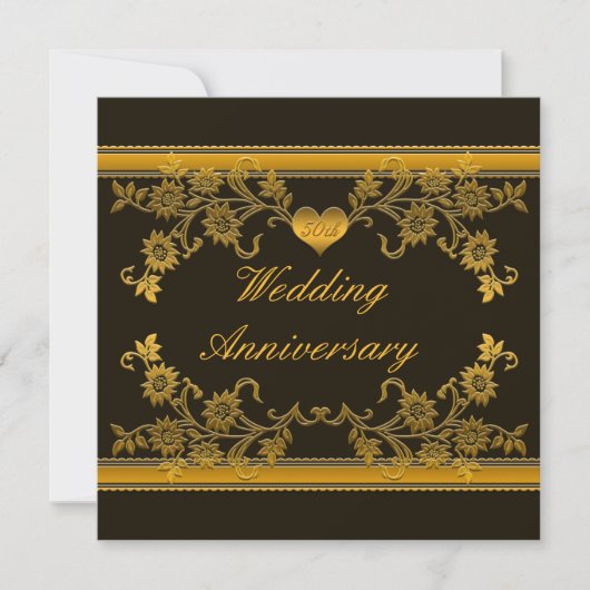 Black, Copper Floral 50th Jubileum Invitation Kaart (Voorkant)