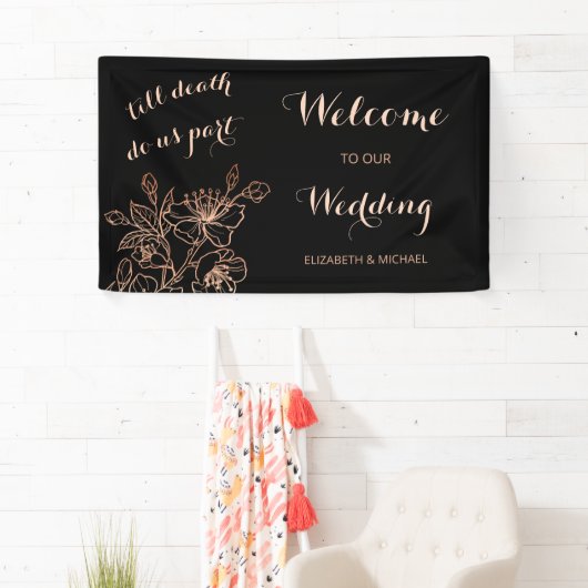 Black Copper Floral Line Art | Welkom bruiloft Spandoek (Insitu)
