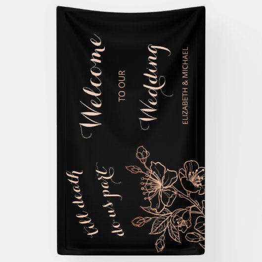 Black Copper Floral Line Art | Welkom bruiloft Spandoek (Verticaal)