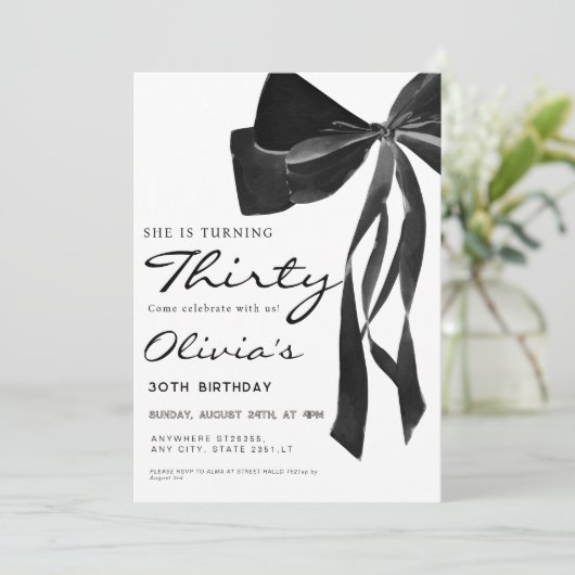 black coquette bow 30th birthday party kaart (Staand voorkant)