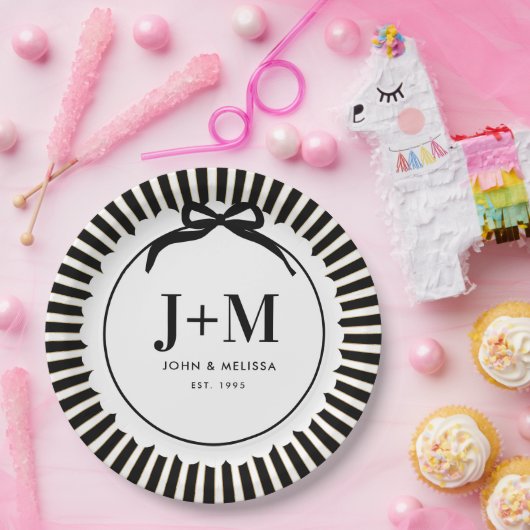 Black Coquette Bow Anniversary Initials Papieren Bordje (Feest)