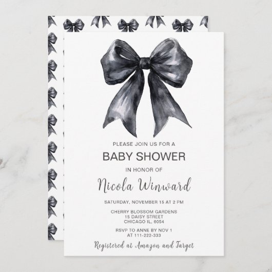 Black Coquette Bow Baby shower Kaart (Voorkant / Achterkant)