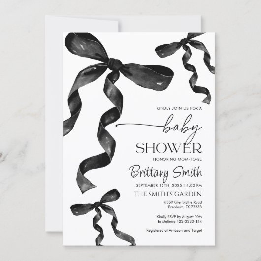 Black Coquette Bow Baby shower Uitnodiging (Voorkant)