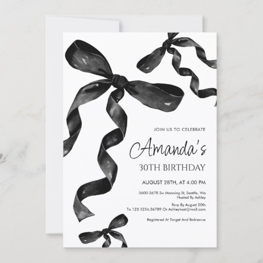Black Coquette Bow Verjaardag Uitnodiging (Voorkant)