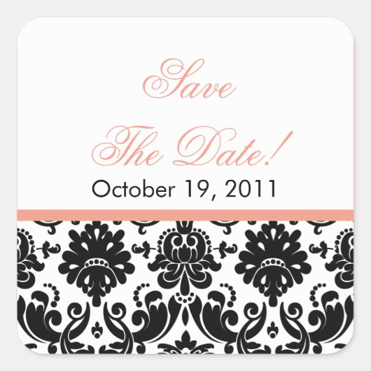 Black & Coral Damask Bewaar de datum Bruiloft Stic Vierkante Sticker (Voorkant)