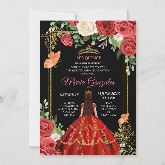 Black Coral Mexican Flowers Quinceañera Invite Kaart (Voorkant)