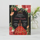 Black Coral Mexican Flowers Quinceañera Invite Kaart (Staand voorkant)
