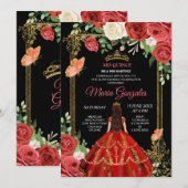 Black Coral Mexican Flowers Quinceañera Invite Kaart (Voorkant / Achterkant)