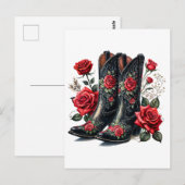 Black Cowboy Boots With Red Roses Briefkaart (Voorkant / Achterkant)
